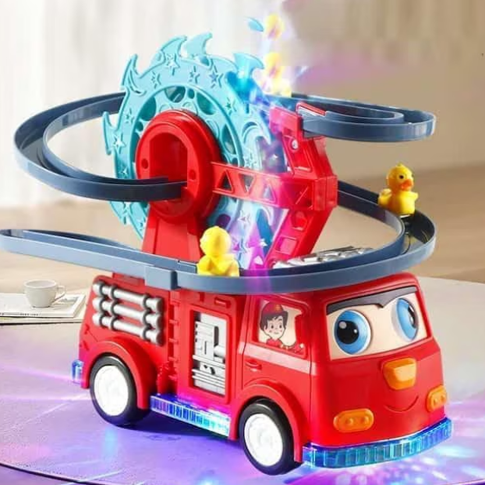 Interaktív tűzoltóautó játék spirálpályával – kacsa forgó csúszdával és látványos fényeffektusokkal gyerekeknek (BBJ)