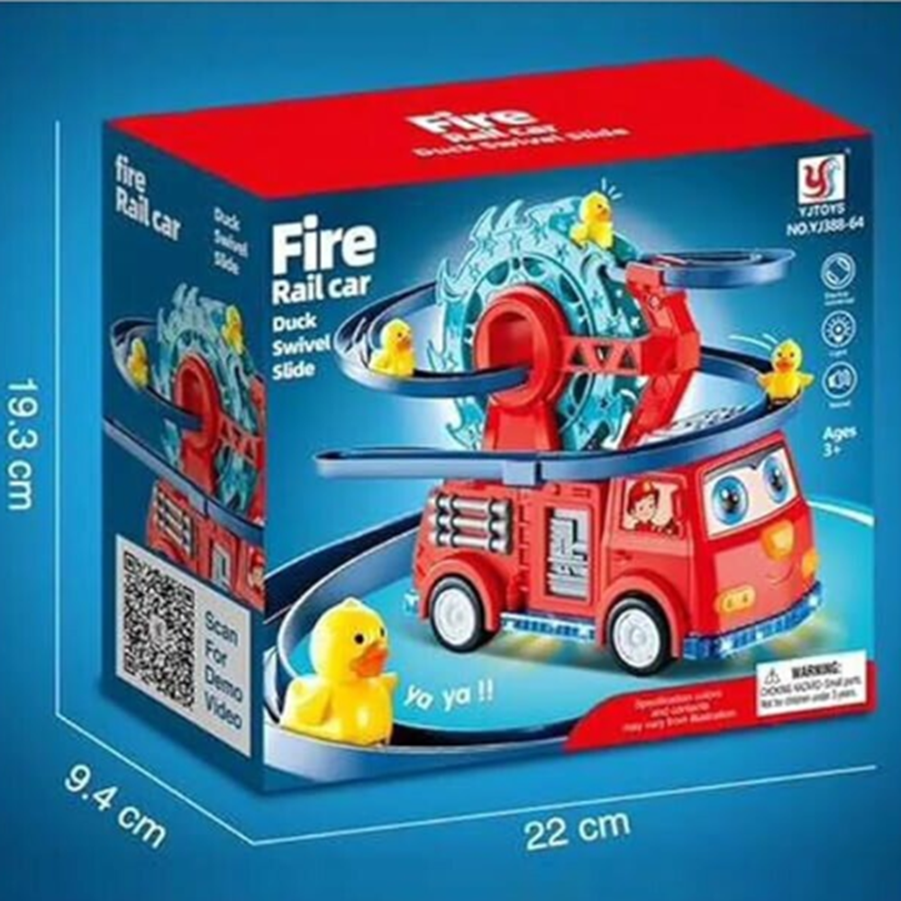 Interaktív tűzoltóautó játék spirálpályával – kacsa forgó csúszdával és látványos fényeffektusokkal gyerekeknek (BBJ)1