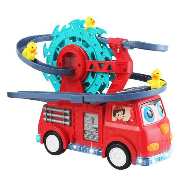 Interaktív tűzoltóautó játék spirálpályával – kacsa forgó csúszdával és látványos fényeffektusokkal gyerekeknek (BBJ)2