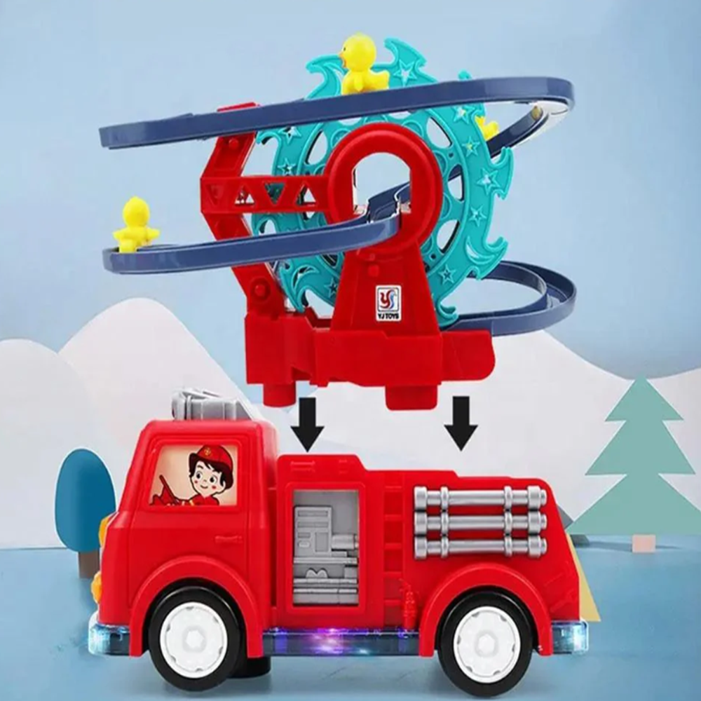 Interaktív tűzoltóautó játék spirálpályával – kacsa forgó csúszdával és látványos fényeffektusokkal gyerekeknek (BBJ)3