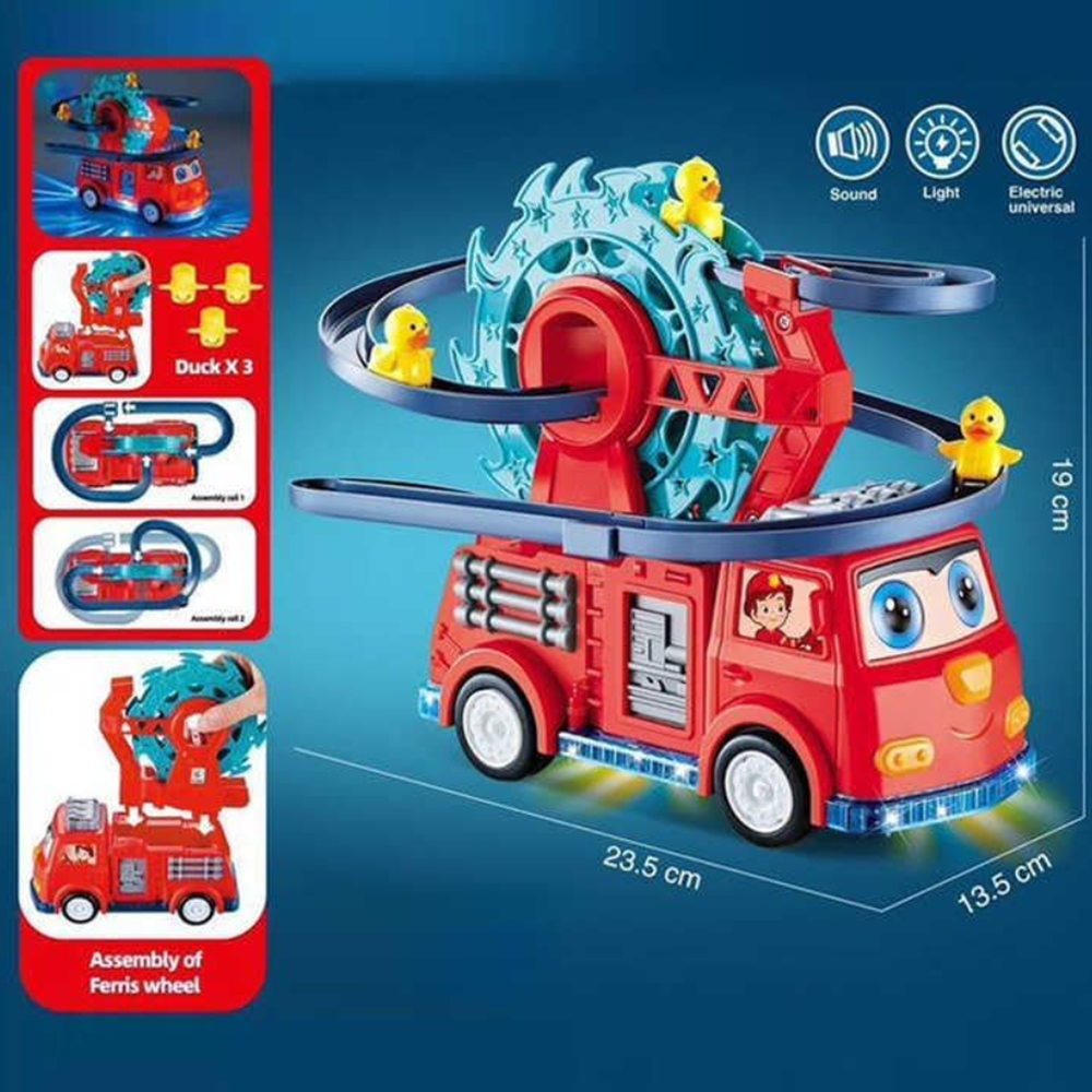 Interaktív tűzoltóautó játék spirálpályával – kacsa forgó csúszdával és látványos fényeffektusokkal gyerekeknek (BBJ)4