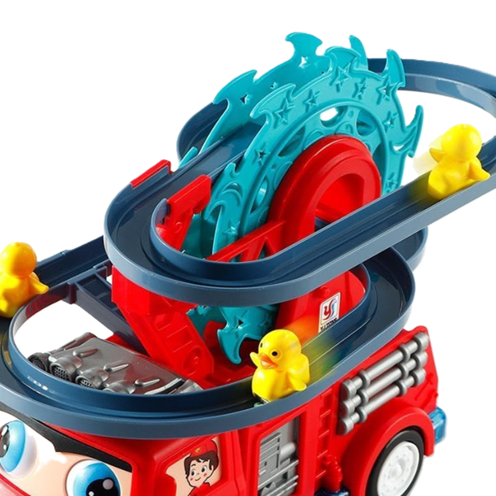 Interaktív tűzoltóautó játék spirálpályával – kacsa forgó csúszdával és látványos fényeffektusokkal gyerekeknek (BBJ)5