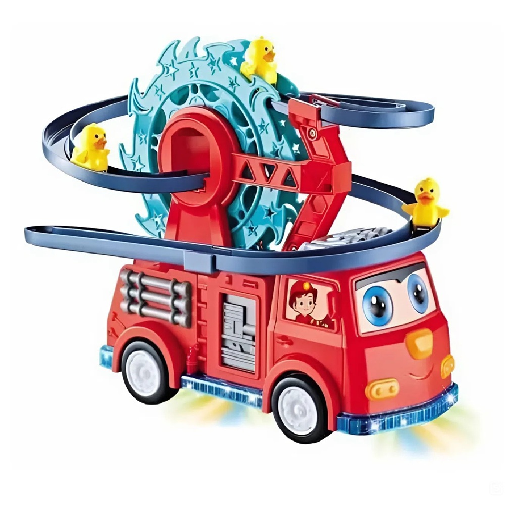 Interaktív tűzoltóautó játék spirálpályával – kacsa forgó csúszdával és látványos fényeffektusokkal gyerekeknek (BBJ)6