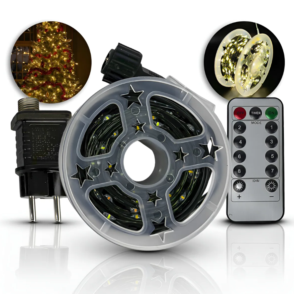 Karácsonyi LED rizsszem fényfüzér – 30 méteres, 8 funkciós meleg fehér fényű dekorvilágítás beltéri és kültéri használatra (BBD)5